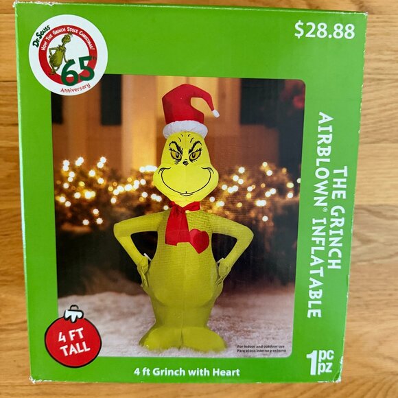 Gemmy Grinch Santa 65th Anniversary Blow Mold – 14in Lighted Table Decoration, Green